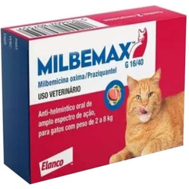 Anti-helmíntico Milbemax Gatos 16/40mg - de 2kg ate 8kg - com 2 comprimidos