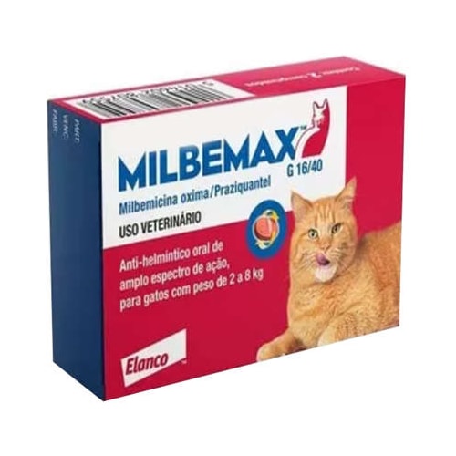 Anti-helmíntico Milbemax Gatos 16/40mg - de 2kg ate 8kg - com 2 comprimidos