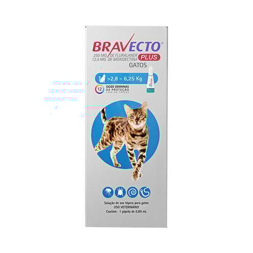 Antipulgas e Carrapatos Bravecto Plus Gatos 250mg - 2,8kg a 6,25kg