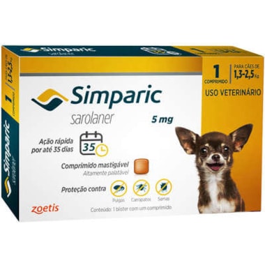 Antipulgas e Carrapatos Simparic 5mg - 1,3kg a 2,5kg