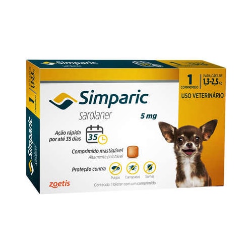 Antipulgas e Carrapatos Simparic 5mg - 1,3kg a 2,5kg