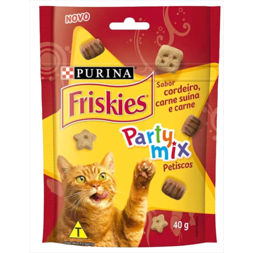 Biscoito Friskies Party Mix Cordeiro, Carne Suína e Carne Gatos 40g