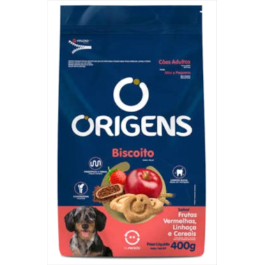 Biscoito Origens Fruta Vermelha, Linhaça Cereal Cães Adultos Raças Pequenas 400g