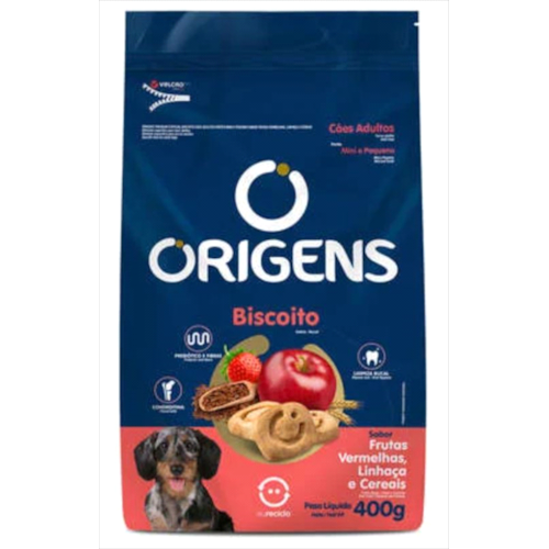 Biscoito Origens Fruta Vermelha, Linhaça Cereal Cães Adultos Raças Pequenas 400g