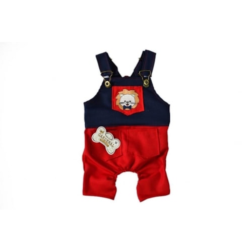Jardineira Club Pet Tactel Azul com Bolso Vermelho Médio