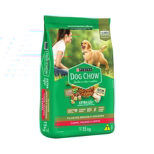 Ração Dog Chow Carne, Frango Arroz Cães Filhotes 15kg