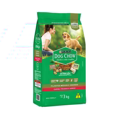 Ração Dog Chow Carne, Frango Arroz Cães Filhotes 3kg