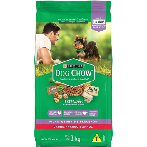 Ração Dog Chow Carne, Frango Arroz Cães Filhotes Raças Pequenas 3kg