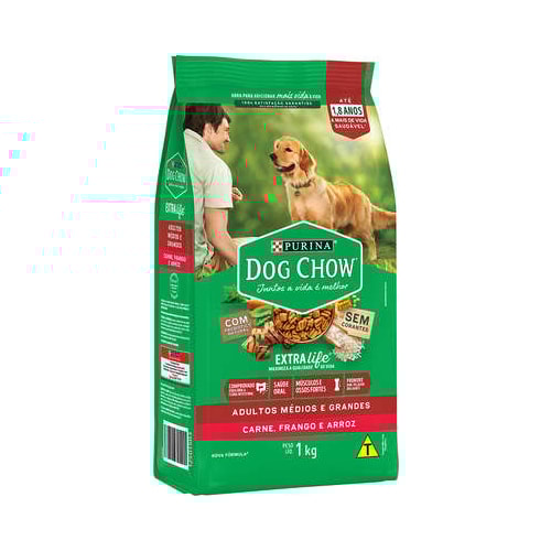 Ração Dog Chow Extralife Carne, Frango Arroz Cães Adultos Raças Grandes 1kg