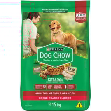 Ração Dog Chow Extralife Carne, Frango Arroz Cães Adultos Raças Medias 15kg