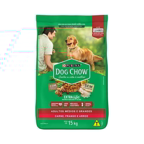 Ração Dog Chow Extralife Carne, Frango Arroz Cães Adultos Raças Medias 15kg