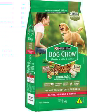 Ração Dog Chow Extralife Carne, Frango Arroz Cães Filhotes Raças Grandes 1kg