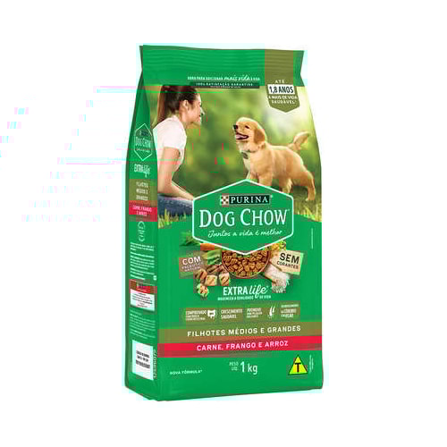Ração Dog Chow Extralife Carne, Frango Arroz Cães Filhotes Raças Grandes 1kg