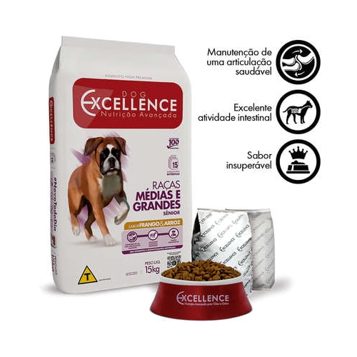 Ração Dog Excellence Frango Arroz Cães Sênior Raças Media e Grandes 15kg