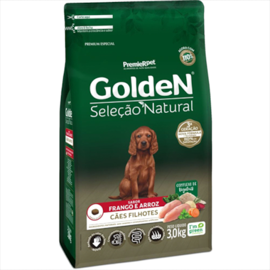 Ração Golden Seleção Natural Frango Arroz Cães Filhotes 3kg
