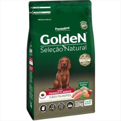 Ração Golden Seleção Natural Frango Arroz Cães Filhotes 3kg