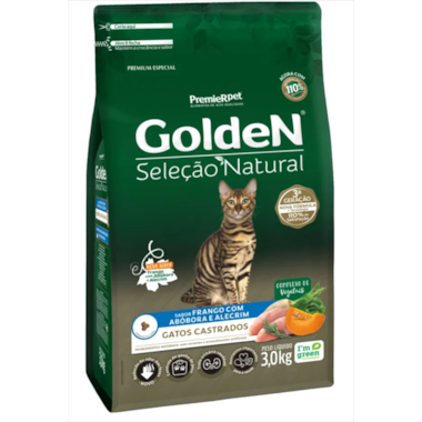 Ração Golden Seleção Natural Frango e Abobora Gatos Adultos Castrados 3kg