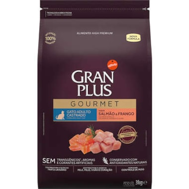 Ração Gran Plus Gourmet Salmão Frango Gatos Adultos Castrados 3kg