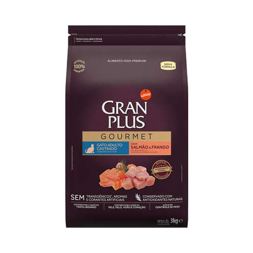 Ração Gran Plus Gourmet Salmão Frango Gatos Adultos Castrados 3kg