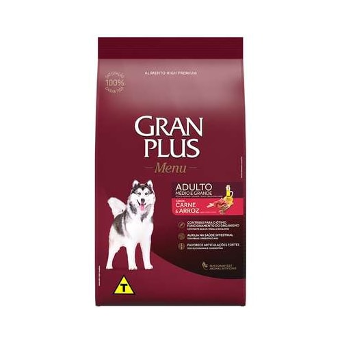 Ração Gran Plus Menu Carne Arroz Cães Adultos Raças Media e Grandes 3kg