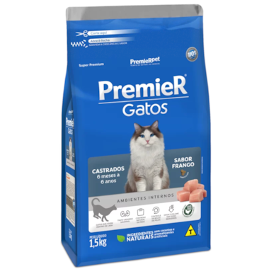 Ração Premier Frango A.I Gatos Adultos Castrados 6 meses a 6 anos 1,5kg