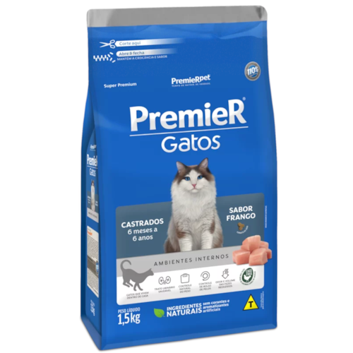 Ração Premier Frango A.I Gatos Adultos Castrados 6 meses a 6 anos 1,5kg