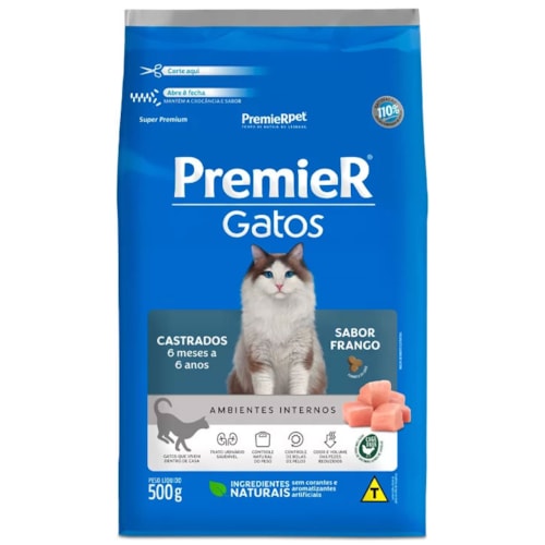 Ração Premier Frango A.I Gatos Adultos Castrados 6 meses a 6 anos 500g