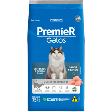 Ração Premier Frango A.I Gatos Adultos Castrados 6 meses a 6 anos 7,5kg