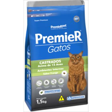 Ração Premier Frango Ambientes Internos Gatos Sênior +12 Castrados 1,5kg