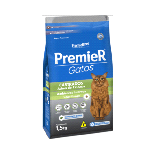 Ração Premier Frango Ambientes Internos Gatos Sênior +12 Castrados 1,5kg