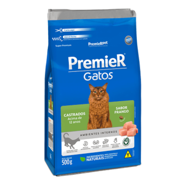 Ração Premier Frango Ambientes Internos Gatos Sênior +12 Castrados 500g