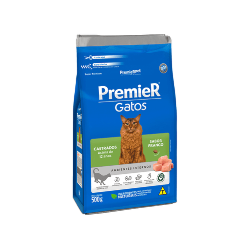 Ração Premier Frango Ambientes Internos Gatos Sênior +12 Castrados 500g