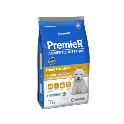 Ração Premier Frango e Salmão Ambiente Interno Cães Filhotes Raças Pequenas 12kg