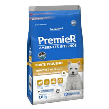 Ração Premier Frango e Salmão Ambiente Interno Cães Filhotes Raças Pequenas 1kg