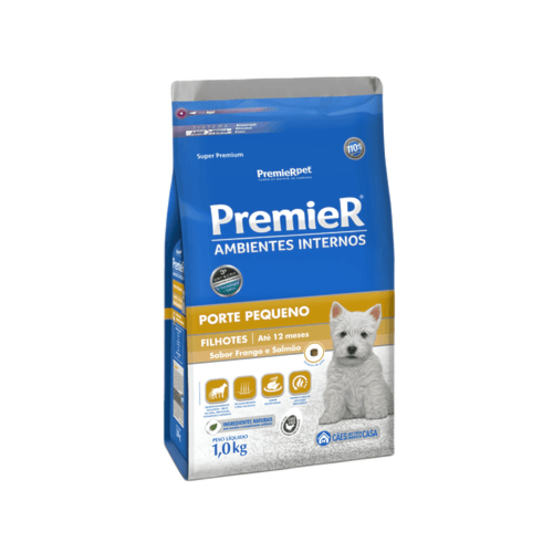 Ração Premier Frango e Salmão Ambiente Interno Cães Filhotes Raças Pequenas 1kg