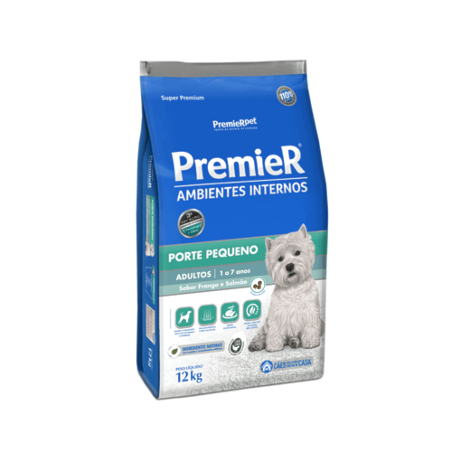 Ração Premier Frango e Salmão Ambientes Internos Cães Adultos Raças Pequenas 12kg