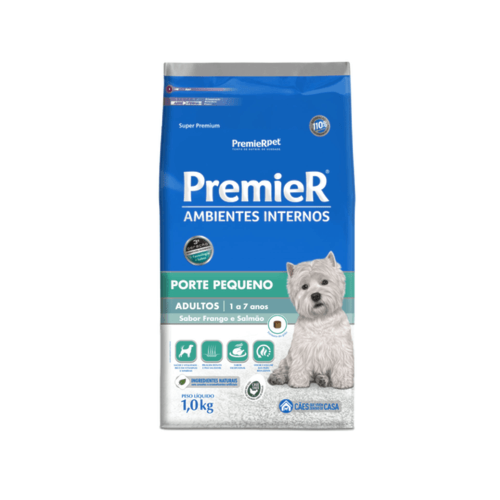 Ração Premier Frango e Salmão Ambientes Internos Cães Adultos Raças Pequenas 1kg