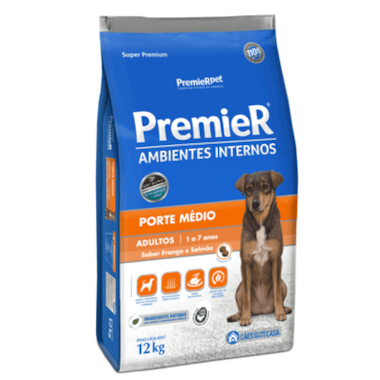 Ração Premier Frango Salmão Ambientes Internos Cães Adultos Raças Medias 12kg
