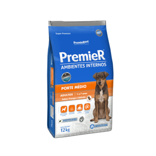 Ração Premier Frango Salmão Ambientes Internos Cães Adultos Raças Medias 12kg
