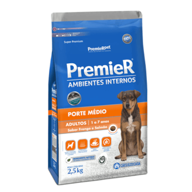 Ração Premier Frango Salmão Ambientes Internos Cães Adultos Raças Medias 2,5kg