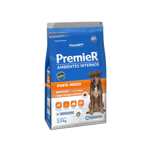 Ração Premier Frango Salmão Ambientes Internos Cães Adultos Raças Medias 2,5kg