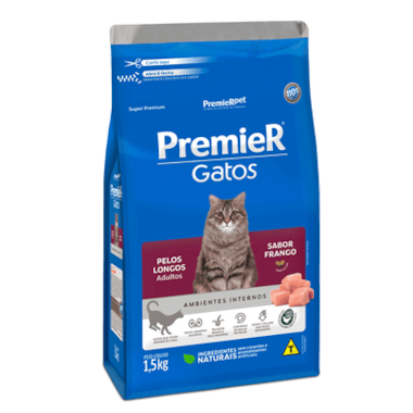 Ração Premier Pelos Longos Frango Ambientes Internos Gatos Adultos 1,5kg