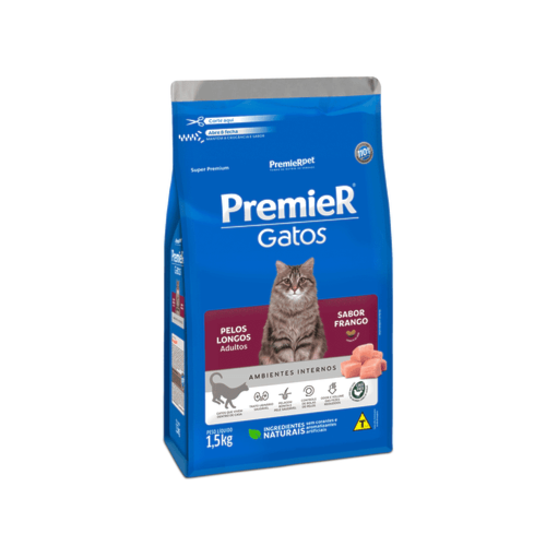 Ração Premier Pelos Longos Frango Ambientes Internos Gatos Adultos 1,5kg