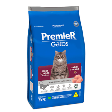 Ração Premier Pelos Longos Frango Ambientes Internos Gatos Adultos 7,5kg