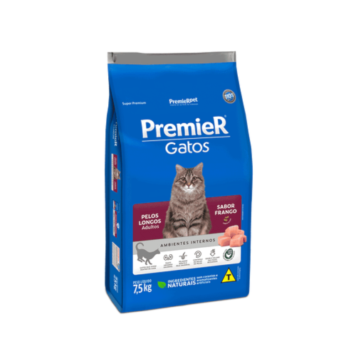 Ração Premier Pelos Longos Frango Ambientes Internos Gatos Adultos 7,5kg