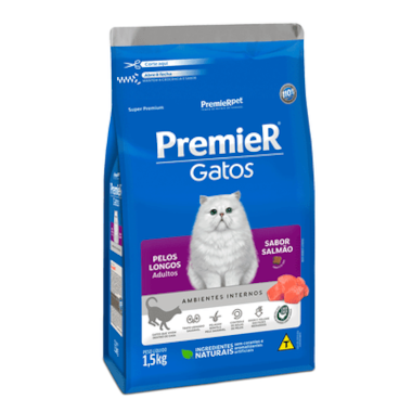 Ração Premier Pelos Longos Salmão Ambientes Internos Gatos Adultos 1,5kg
