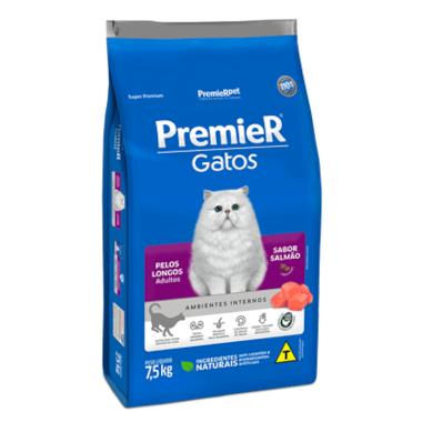 Ração Premier Pelos Longos Salmão Ambientes Internos Gatos Adultos 7,5kg
