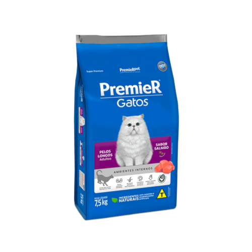 Ração Premier Pelos Longos Salmão Ambientes Internos Gatos Adultos 7,5kg
