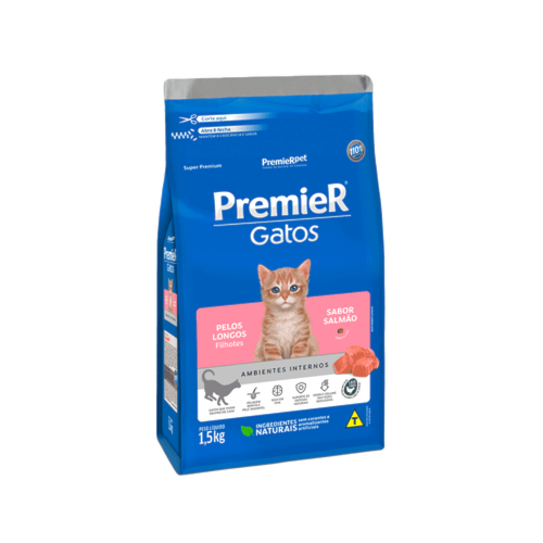 Ração Premier Pelos Longos Salmão Ambientes Internos Gatos Filhotes 1,5kg