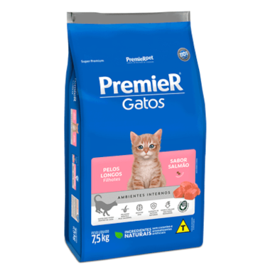 Ração Premier Pelos Longos Salmão Ambientes Internos Gatos Filhotes 7,5kg